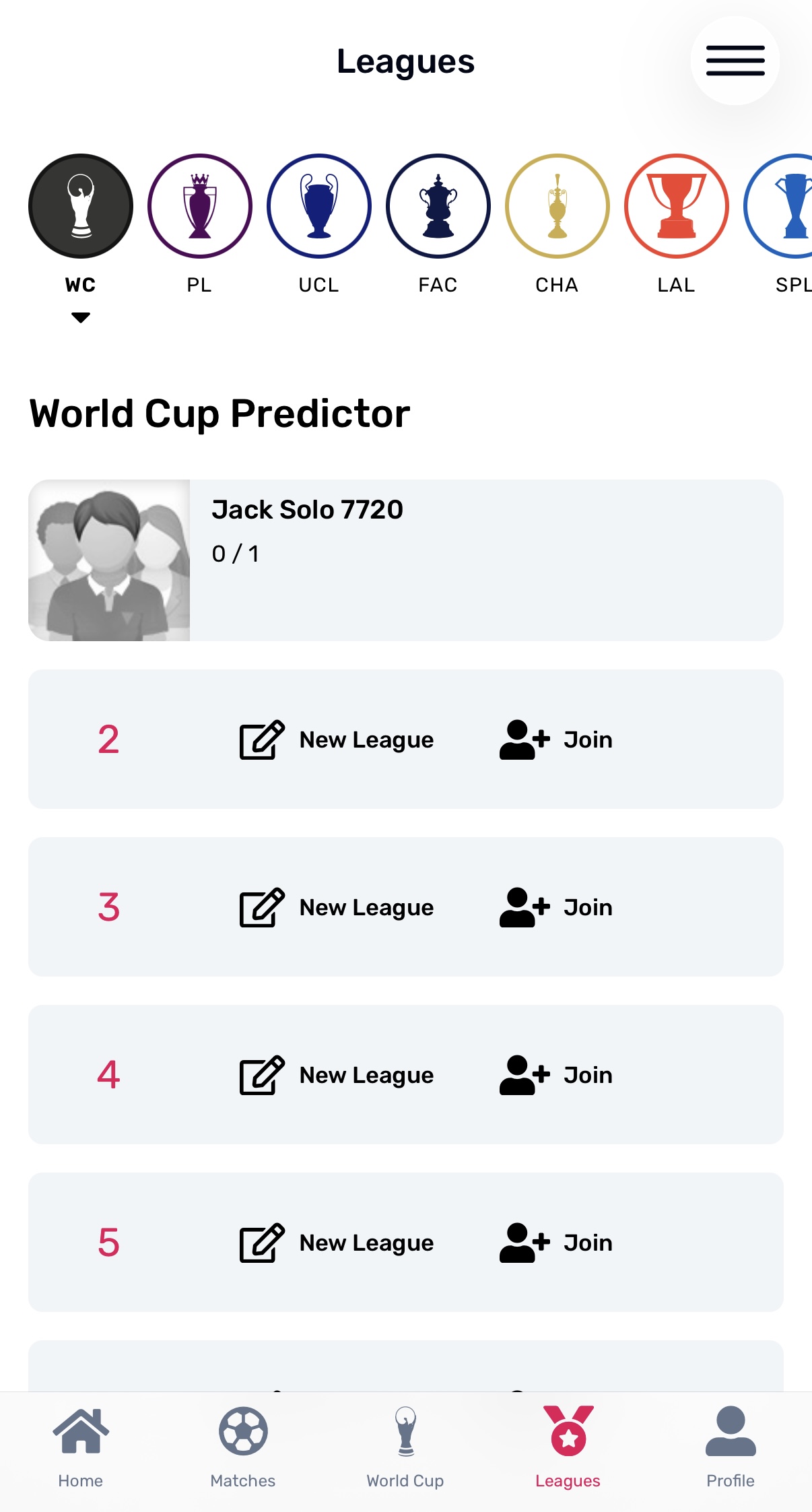 A screenshot of the World Cup Leagues tab on the Superbru Football app